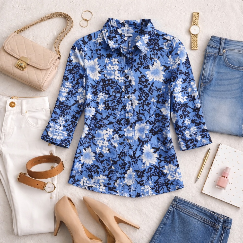 Covington Blue Floral Button Front Blouse 3/4 Sleeve Size Large